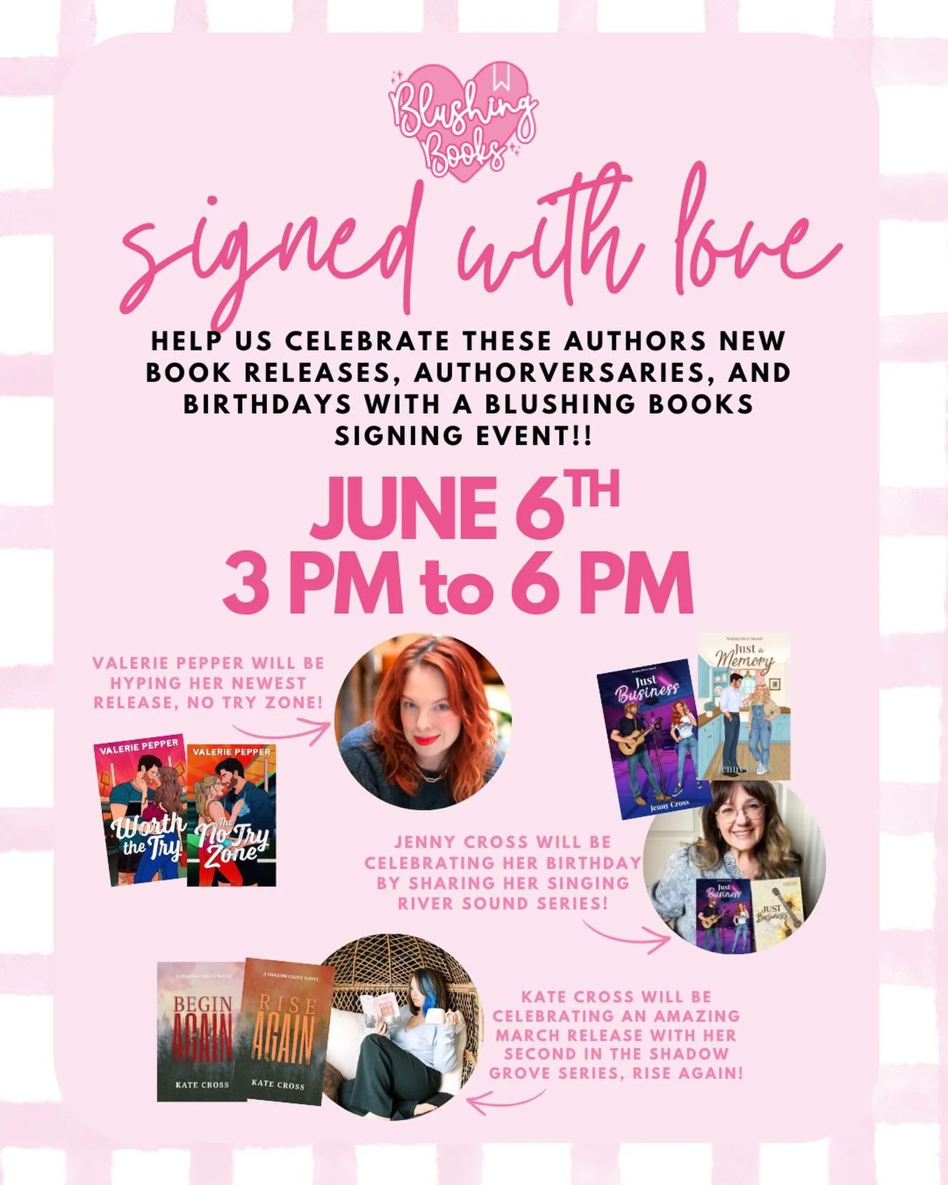 ✨ SIGNED WITH LOVE ✨

We are so excited to celebrate these incredible LOCAL authors with an afternoon full of books, signing, and romance reader fun at Blushing Books! 💕📚

Join us on June 6th from 3 PM &ndash; 6 PM as we celebrate:
💖 New Releases
