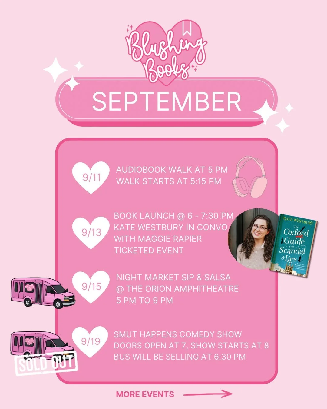 September is BUSY at Blushing Books! 💕📚

We&rsquo;ve got book launches, signings, bookish hangs, markets, movie nights, release parties, and more happening all month long!

Swipe through to see what&rsquo;s coming up:

💕 9/11 &mdash; Audiobook Wal