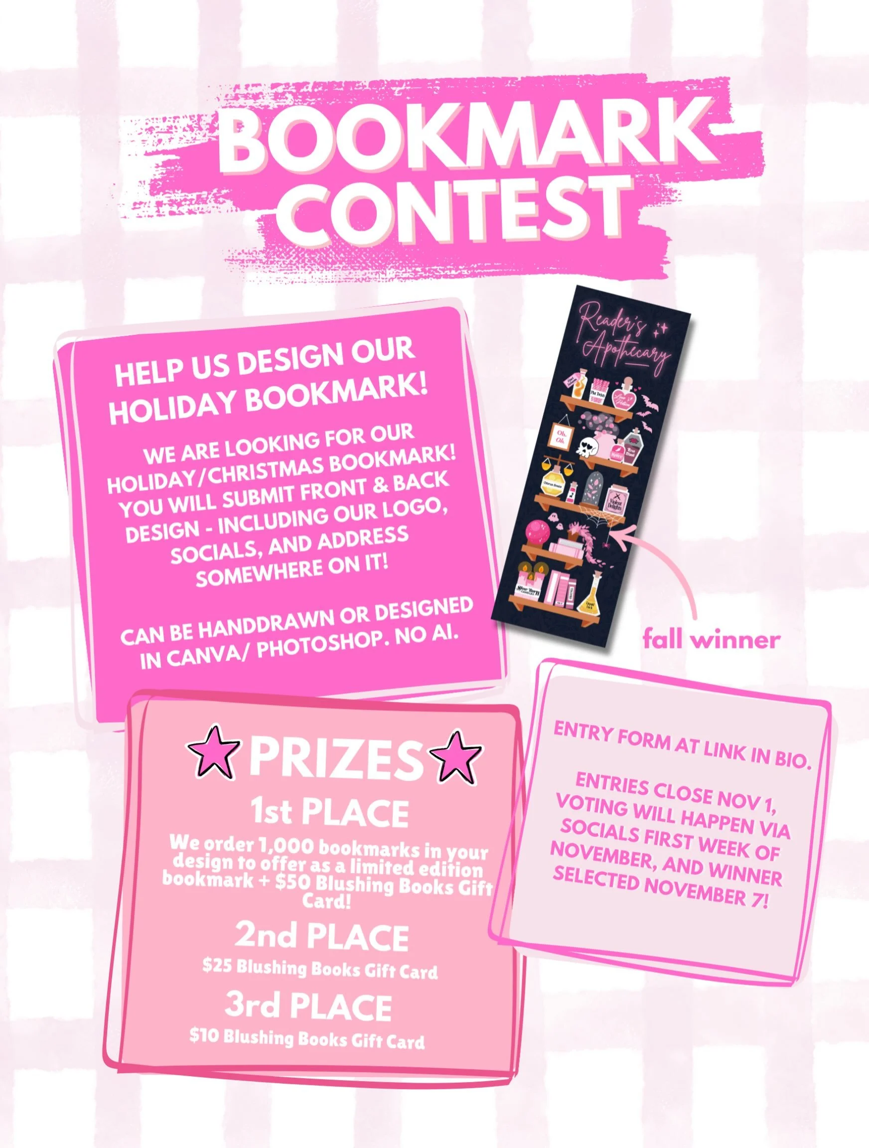 IT&rsquo;S BOOKMARK CONTEST TIME AGAIN!! 🎄

We&rsquo;re looking for YOU to help us design our holiday/Christmas Blushing Books bookmark! ❄️🩷 And yes, we want it to be just as cute, fun, and bookish as you are!

✨ THE DETAILS:
&bull; Design the fron
