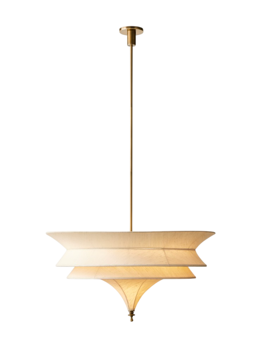 Tiers of ivory raw silk make our exclusive chandelier a sculptural focal point. Providing a warm radiant glow, the contemporary design is accented with metal bands and a turned finial. Hang the striking fixture over a dining table or place it in the 