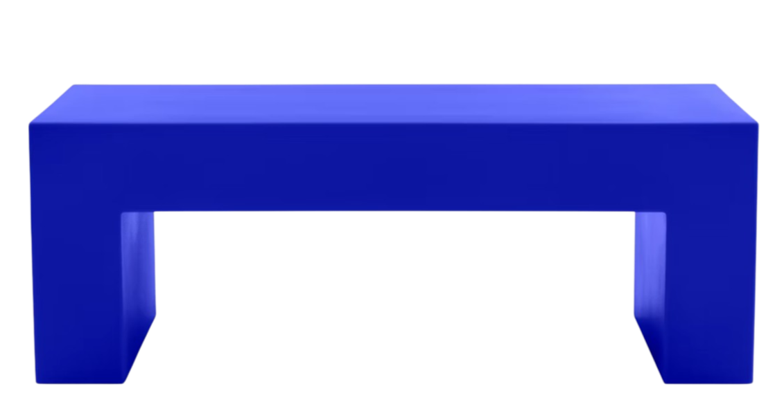 Vignelli Bench A minimalist blue rectangular bench on a white background.