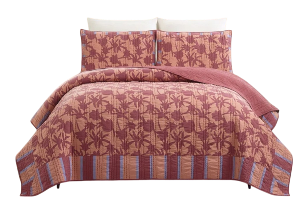 Jungalow Natalia Quilt Set
100% cotton quilt set featuring a botanical print in soothing earth tones, paired with a subtle striped border for a refined look and cozy feel