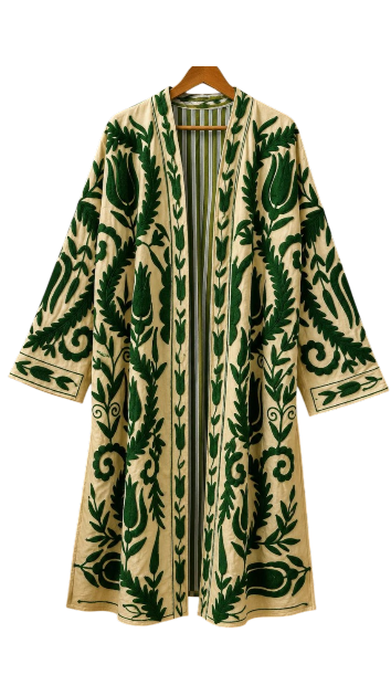 A long beige coat with green floral and leaf patterns hanging on a hanger.