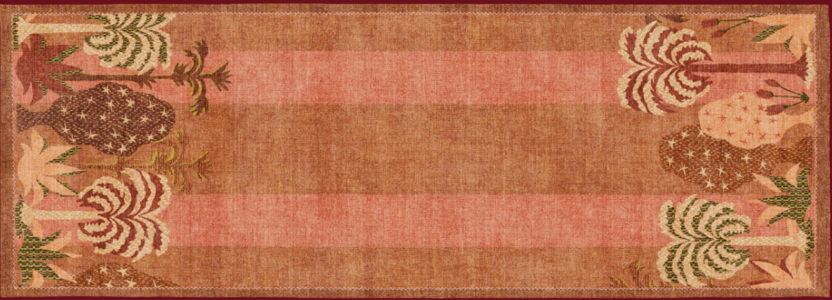 Verdant and vertical. The Palmistry Pinstripe Warm Brown Rug layers palm tree silhouettes across thick stripes that run the full length of the rug in a translation of Justina Blakeney's original artwork. Warm neutrals, red, green, brown, rust red, an