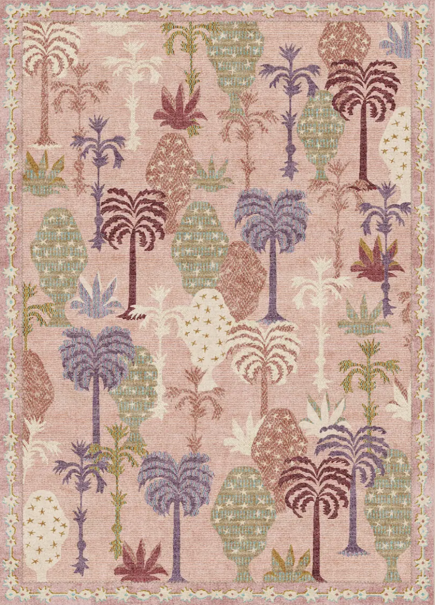 Step into the lush, layered world of Jungalow. The Palmistry Soft Pink Rug is inspired by nature walks and the tactile richness of woven tapestries, translated from Justina Blakeney's original painting. Rendered in pink, wine red, teal, coral, dusty 