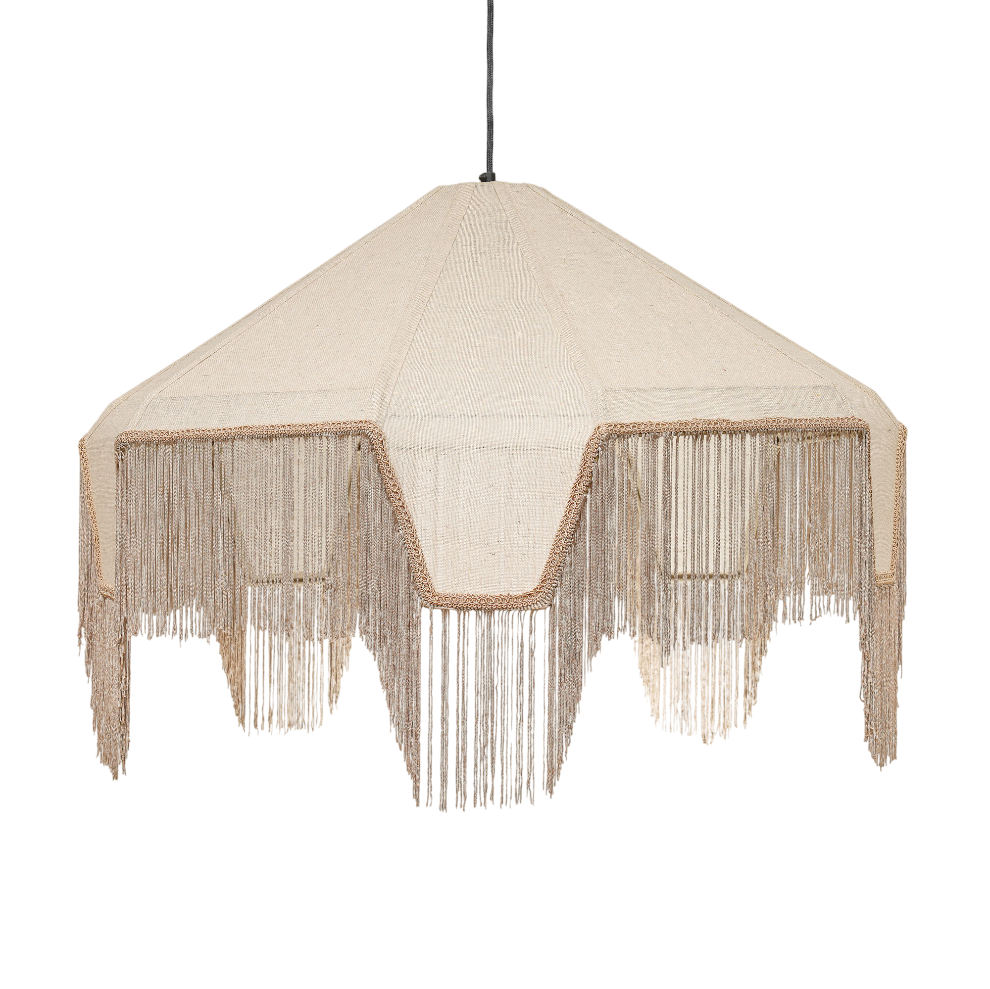 Whether styled in an entryway or above a dining nook, the Teara pendant light illuminates your home with a romantic vibe. It's made in India with a tapered natural-cotton shade complete with angular trim and a cascade of light brown fringe reminiscen