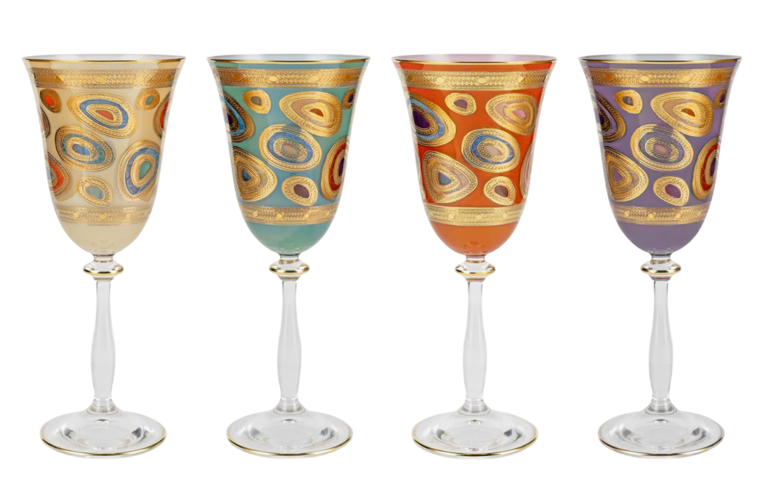 Ornate emblems and decorations that are indicative of royalty inspired this unique drinkware collection. The Regalia Assorted Wine Glasses are handpainted in 14-karat gold.
