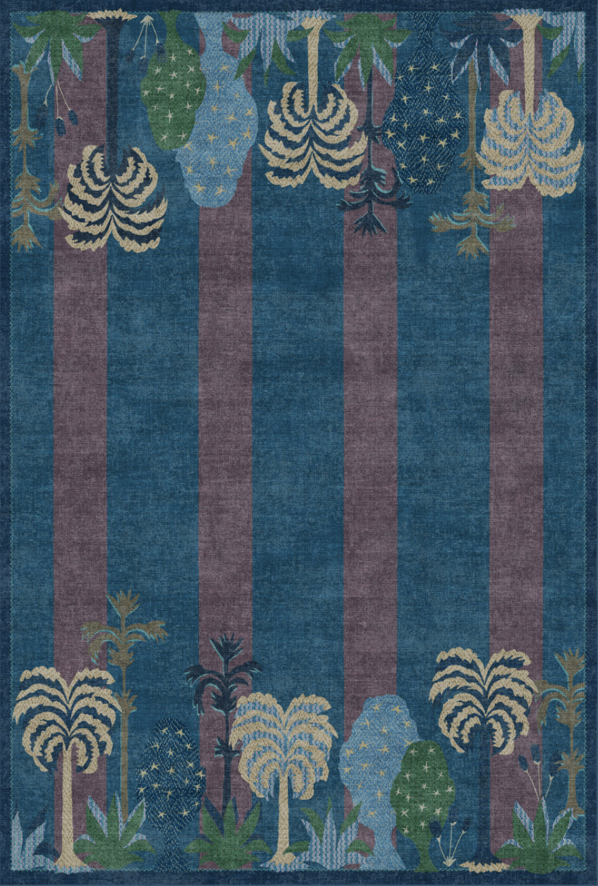 Verdant and vertical. The Palmistry Pinstripe Blue Rug layers palm tree silhouettes across thick stripes that run the full length of the rug in a translation of Justina Blakeney's original artwork. Cool neutrals, green, blue, brown, and purple fill t