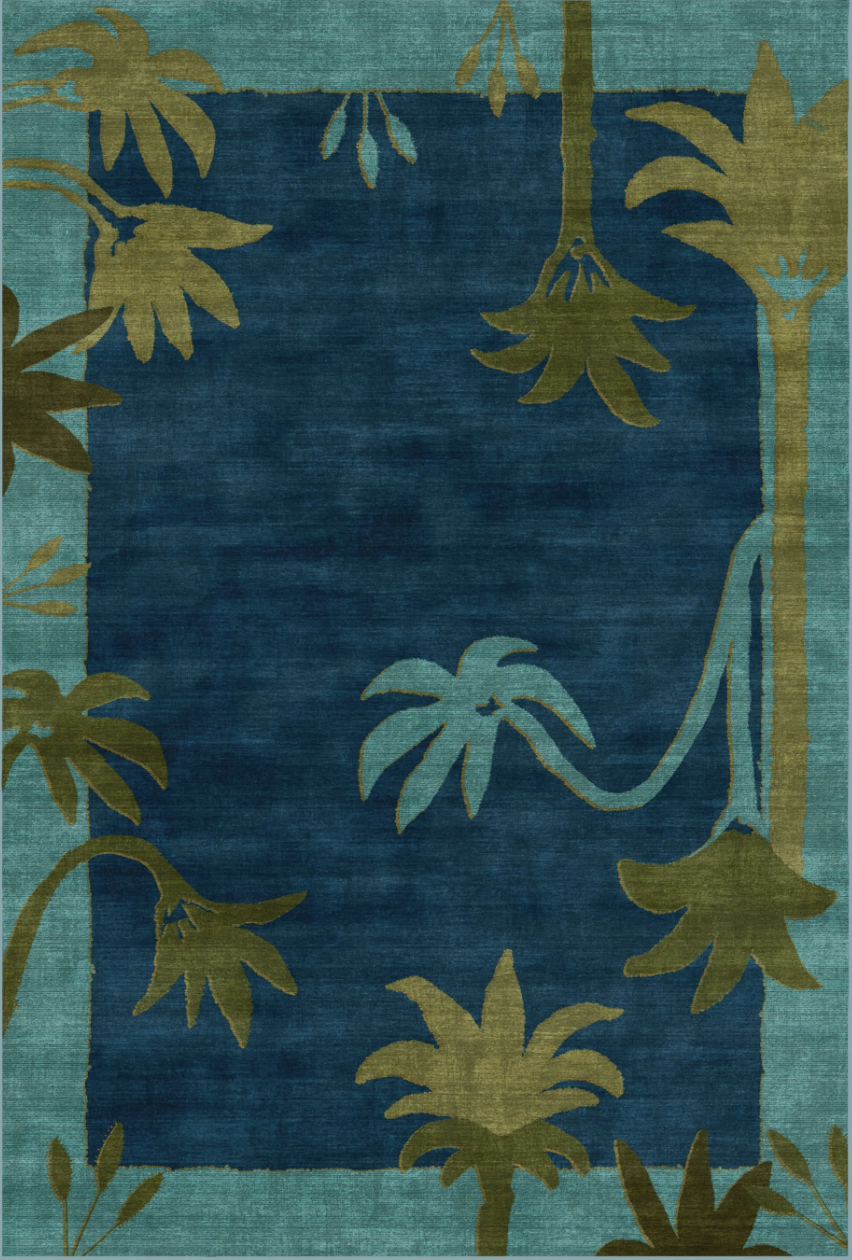 Take a walk on the wild side. The Sabal Blue & Teal Rug features large palm silhouettes from Justina Blakeney's original hand-drawn artwork growing through a striking blue border. Olive green, soft green, and blue tones ground the composition against