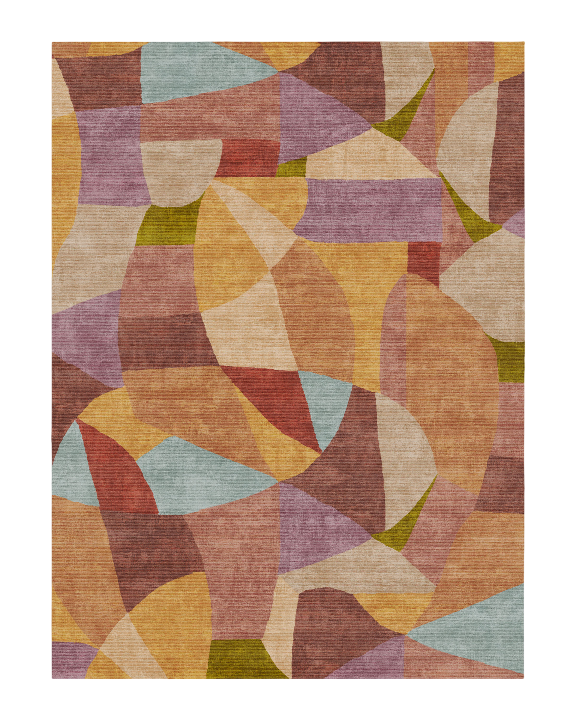 Flock to color blocks. The Kayla Rust Multicolor Rug is a large-scale abstract composition of fragmented color blocks, translated from Justina Blakeney's original artwork. Soft yellows, mauves, rose, and lavender are accented with pops of blue, citro