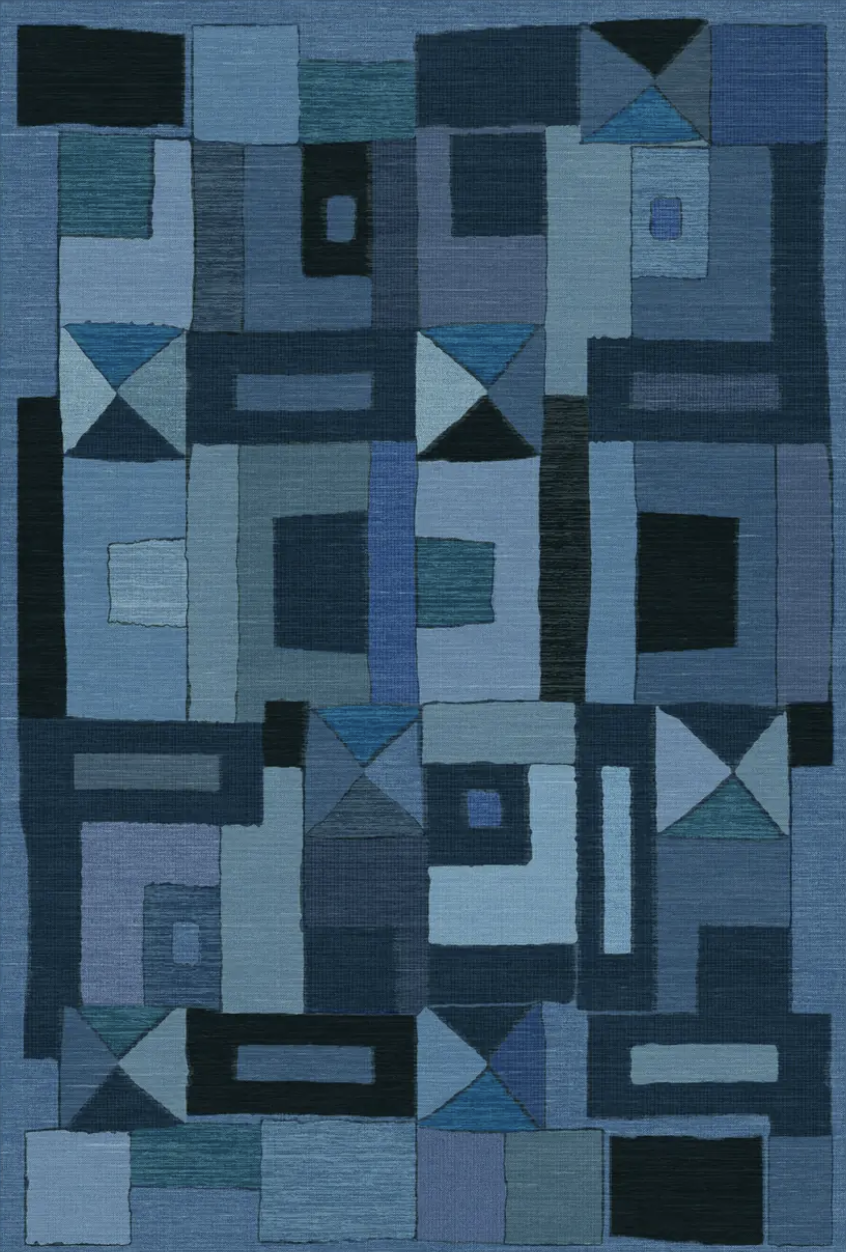 Putting the art in architecture. The Modra Indigo Rug is a repeating pattern of nested block shapes with a hand-drawn quality, translated from Justina Blakeney's original freehand artwork. Deep aqua, midnight, navy, sea blue, soft mist, and grey blue