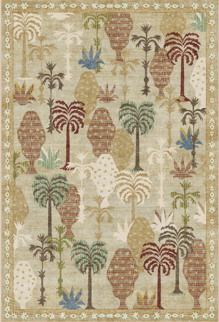 Step into the lush, layered world of Jungalow. The Palmistry Natural Rug is inspired by nature walks and the tactile richness of woven tapestries, translated from Justina Blakeney's original painting. Rendered in red, blue, green, and ochre against a