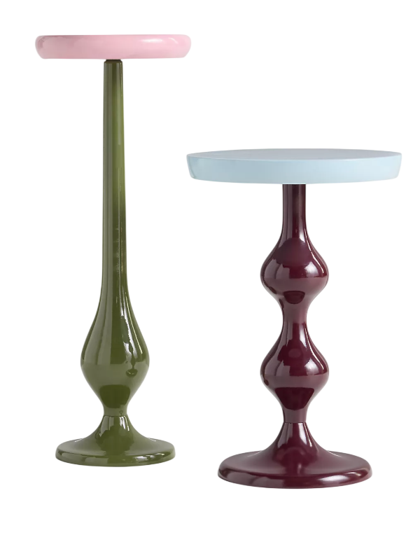 Molded from aluminum, this casted drink table features a high-gloss finish, a round contrast top, and a sculptural, baluster pedestal base. Its glossy, playful geometry brings a modern, artful charm and vibrant focal point to living rooms and cozy se