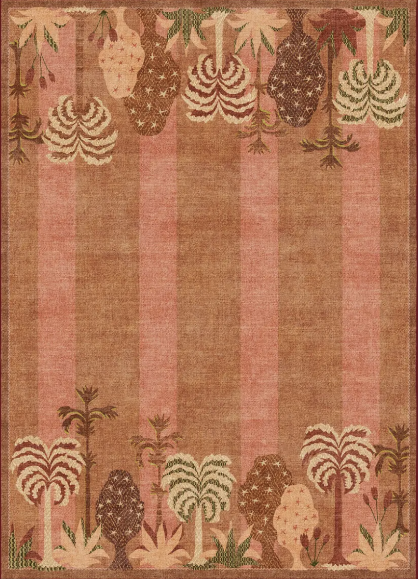 Verdant and vertical. The Palmistry Pinstripe Warm Brown Rug layers palm tree silhouettes across thick stripes that run the full length of the rug in a translation of Justina Blakeney's original artwork. Warm neutrals, red, green, brown, rust red, an