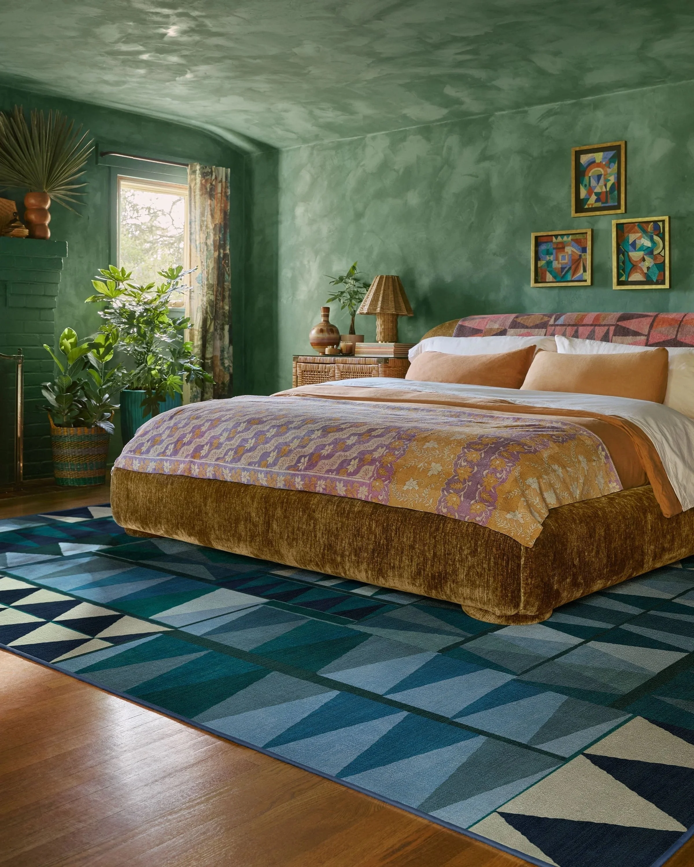 Tri a new angle. The Cadra Blue Teal Rug is an all-over geometric pattern of repeating triangles that shift in color and size, translated from Justina Blakeney's original artwork. Midnight blue, deep teal, teal black, auburn blue, medium grey blue, s