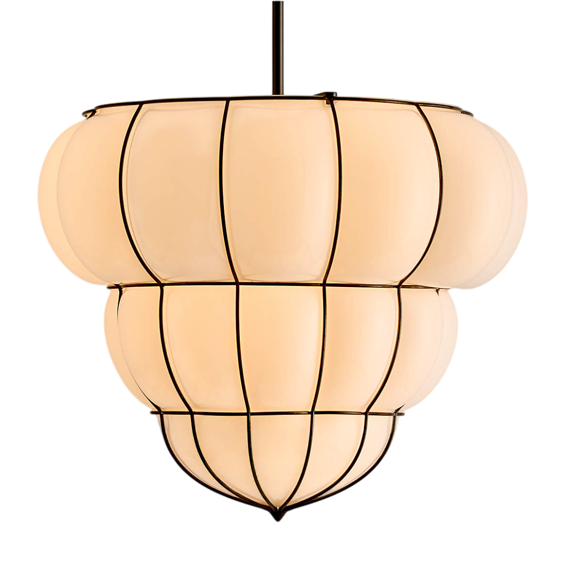 Inspired by Art Deco lighting, our Weiss pendant is a sculptural stunner. Talented artisans blow milkglass directly into a wire structure, creating three tiers of bubbles that swell through the frame. The glossy white glass contrasts brightly with th