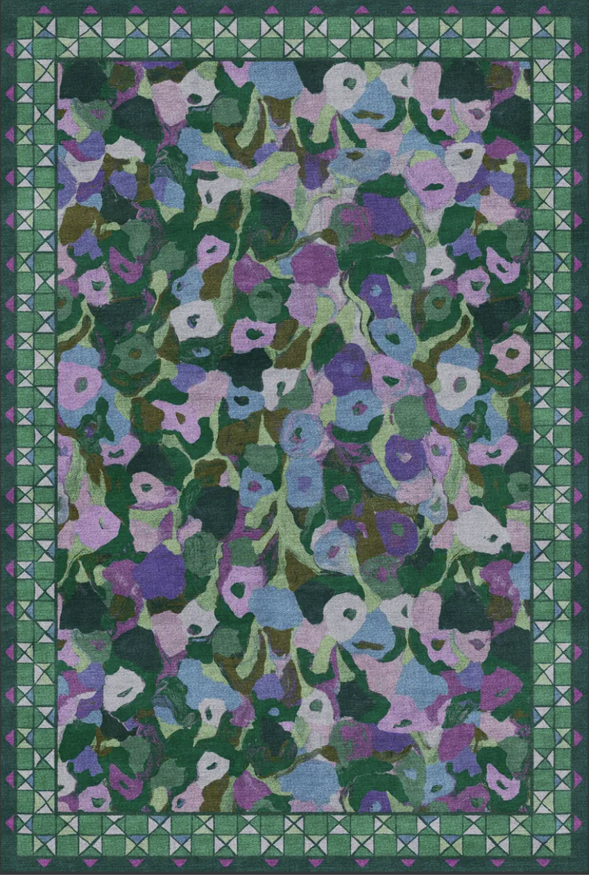 Fill the frame with florals. The Vera Green & Plum Rug brings Justina Blakeney's original artwork to life in an all-over painterly floral pattern rendered in expressive brushstrokes. Deep greens, blues, and purples play against pops of light blue and