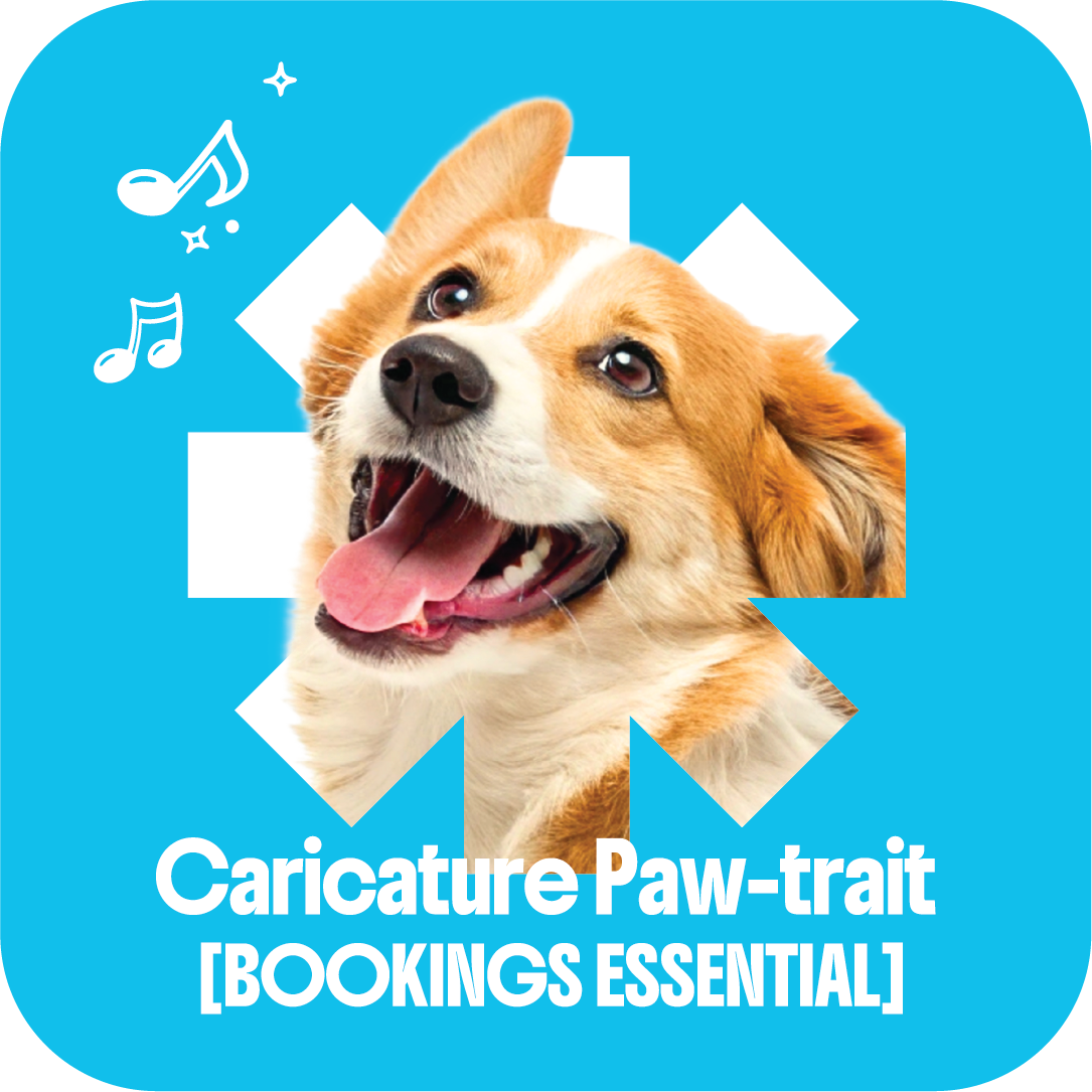 A happy dog with a playful expression in front of a blue background with musical notes and star graphics, branding text reads 'Caricature Paw-trait [BOOKINGS ESSENTIAL]'.