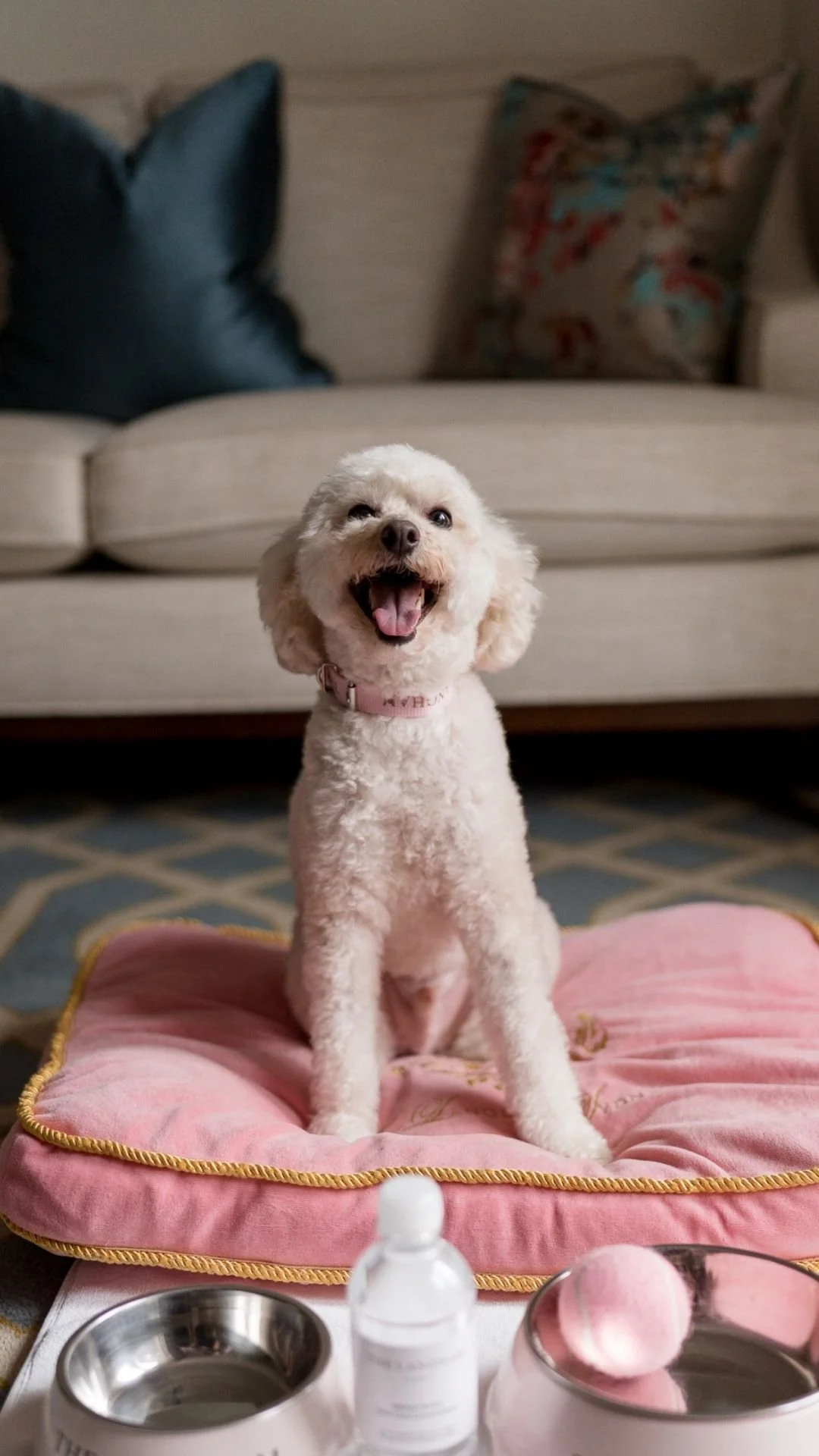 A happy white poodle mix dog sitting on a pink cushioned pad in a living room with a beige sofa and colorful pillows in the background, surrounded by pet grooming supplies.