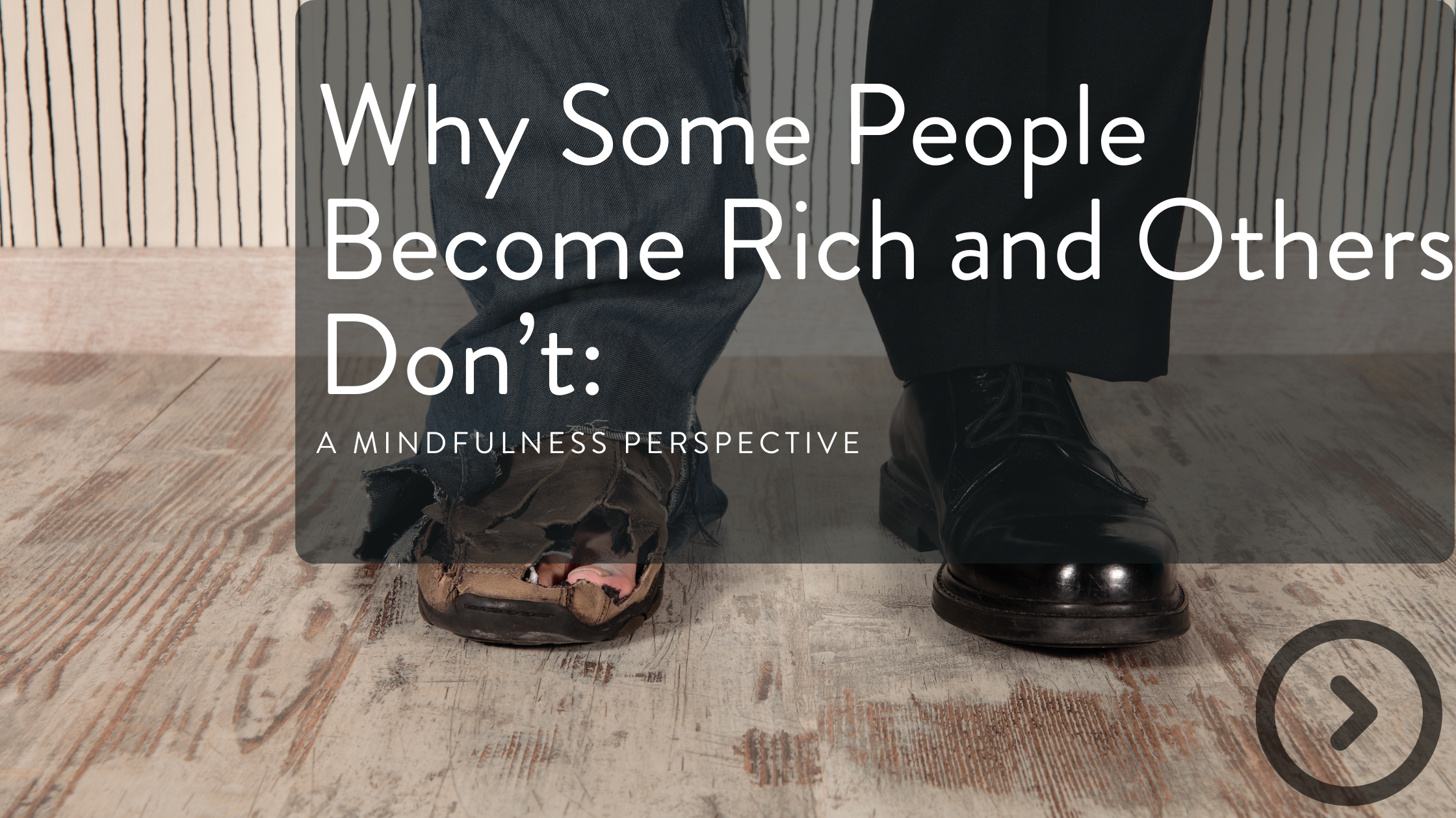 Close-up of a person's shoes and pants, with one shoe torn and worn out, standing on a wooden floor in front of a striped wall.