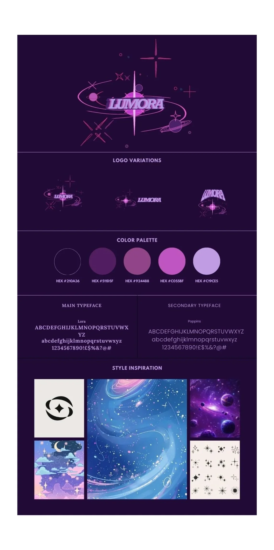 A branding guide for Lumora featuring space-themed logo variations, a purple color palette, fonts named Lora and Poppins, and space-inspired style images.