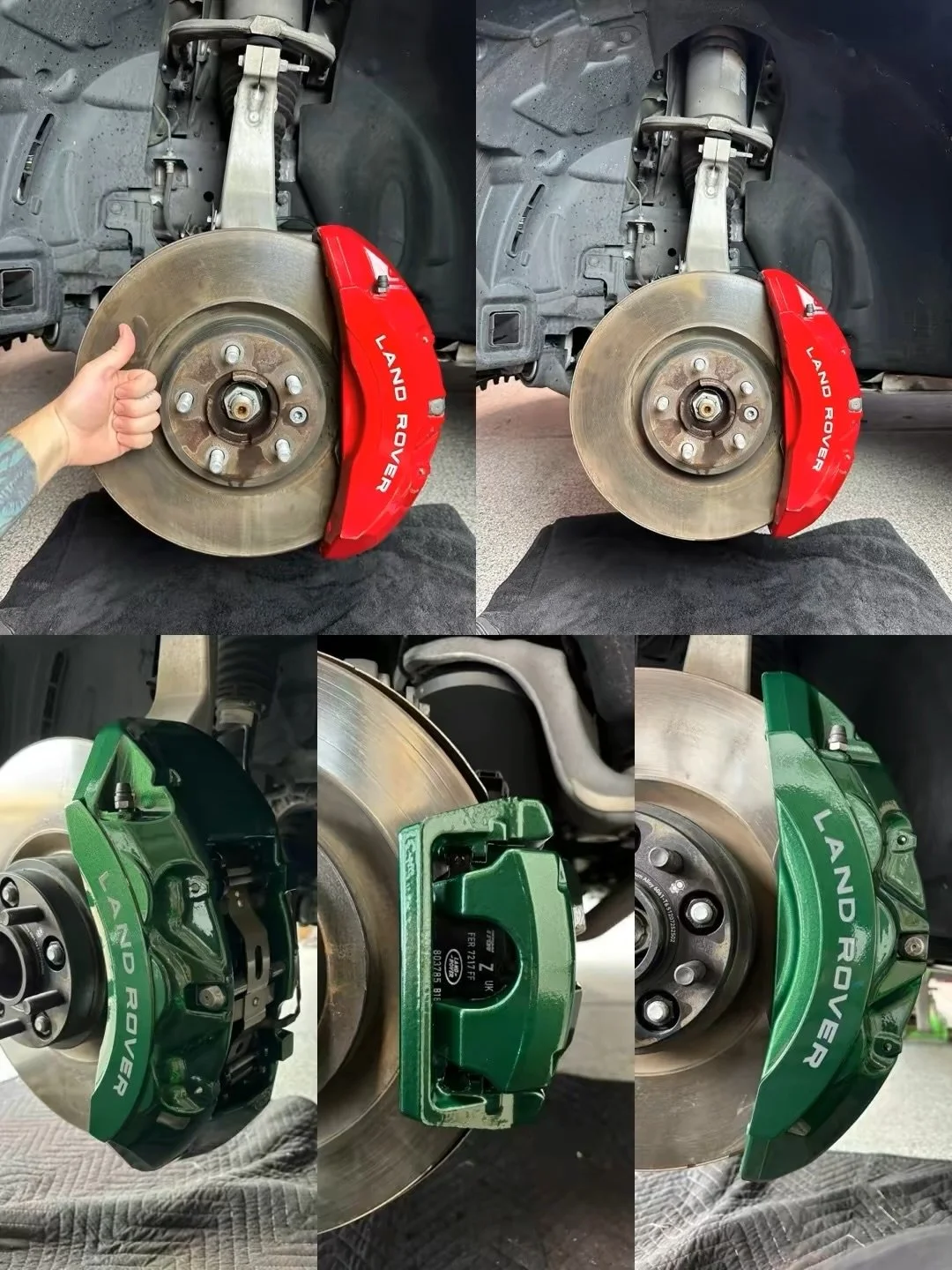 New Years Conversion! @desertkingscalipers did an amazing job!! Go to him for all your caliper needs! Going from OEM whatever this red color is to perfectly color matching the Land Rover logo Metallic BRG. Grey lettering instead of doing OEM white or