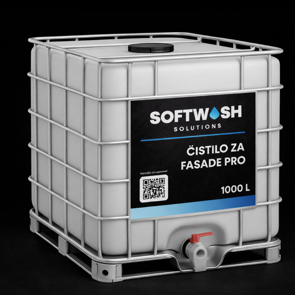 A 1000-liter gray plastic container with a black lid and red spigot, labeled 'SOFTWASH Solutions,' used for cleaning solutions.