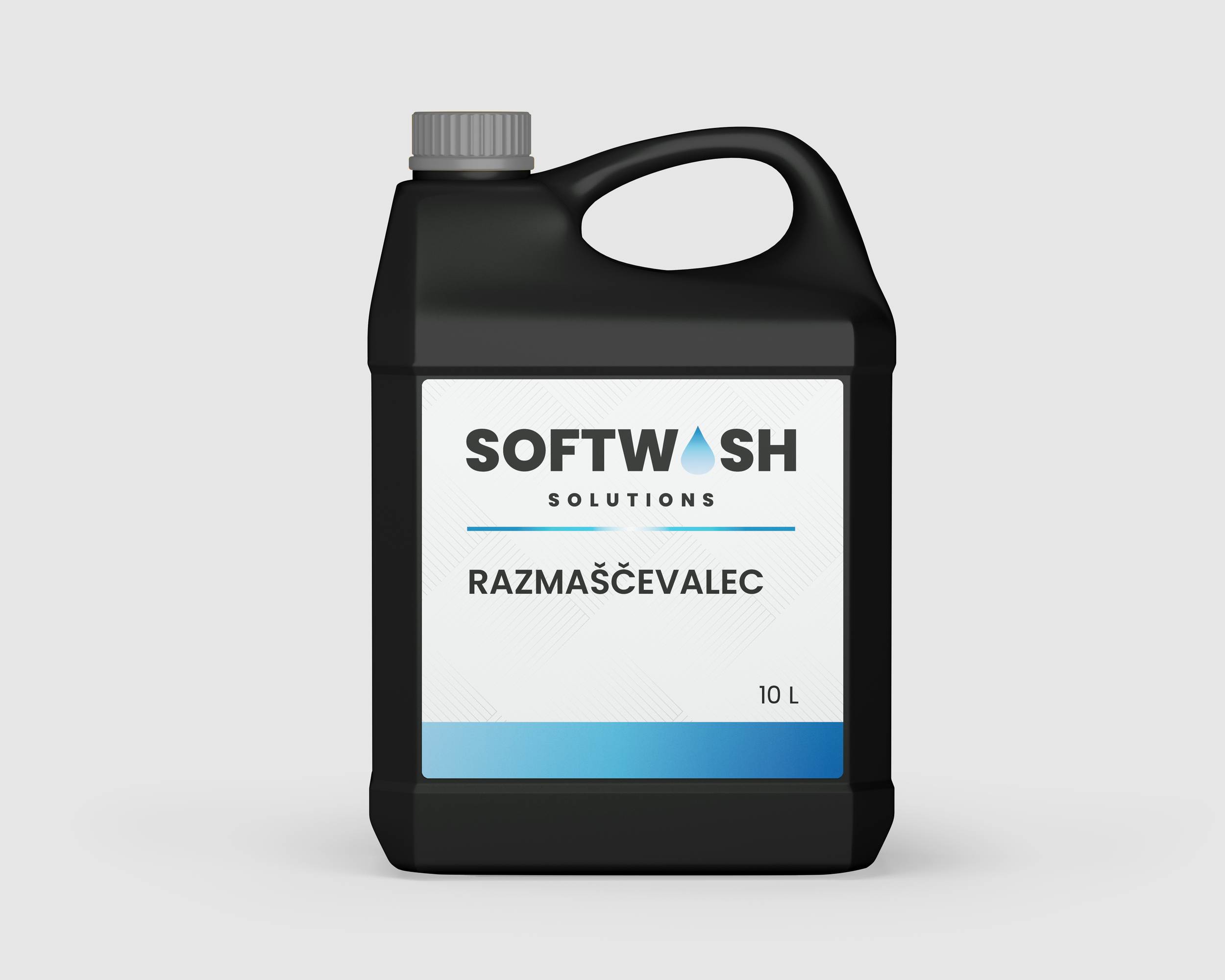 Black plastic container labeled 'Softwash Solutions' with a water droplet graphic, containing 10 liters of liquid, labeled 'Razmašćavalec'.