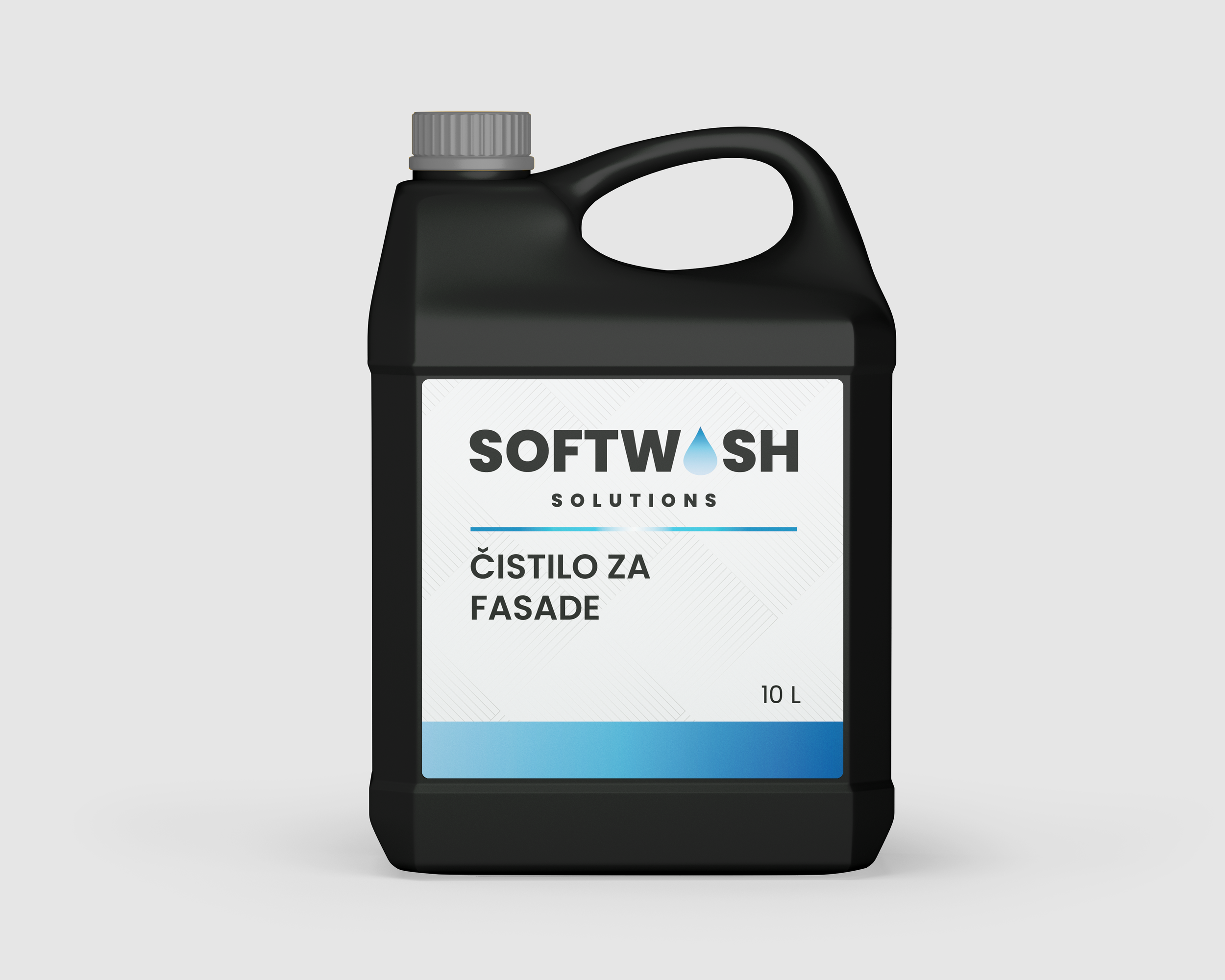 A 10-liter black plastic container labeled 'SoftWash Solutions' with a blue water drop logo, indicating it is a facade cleaning solution.