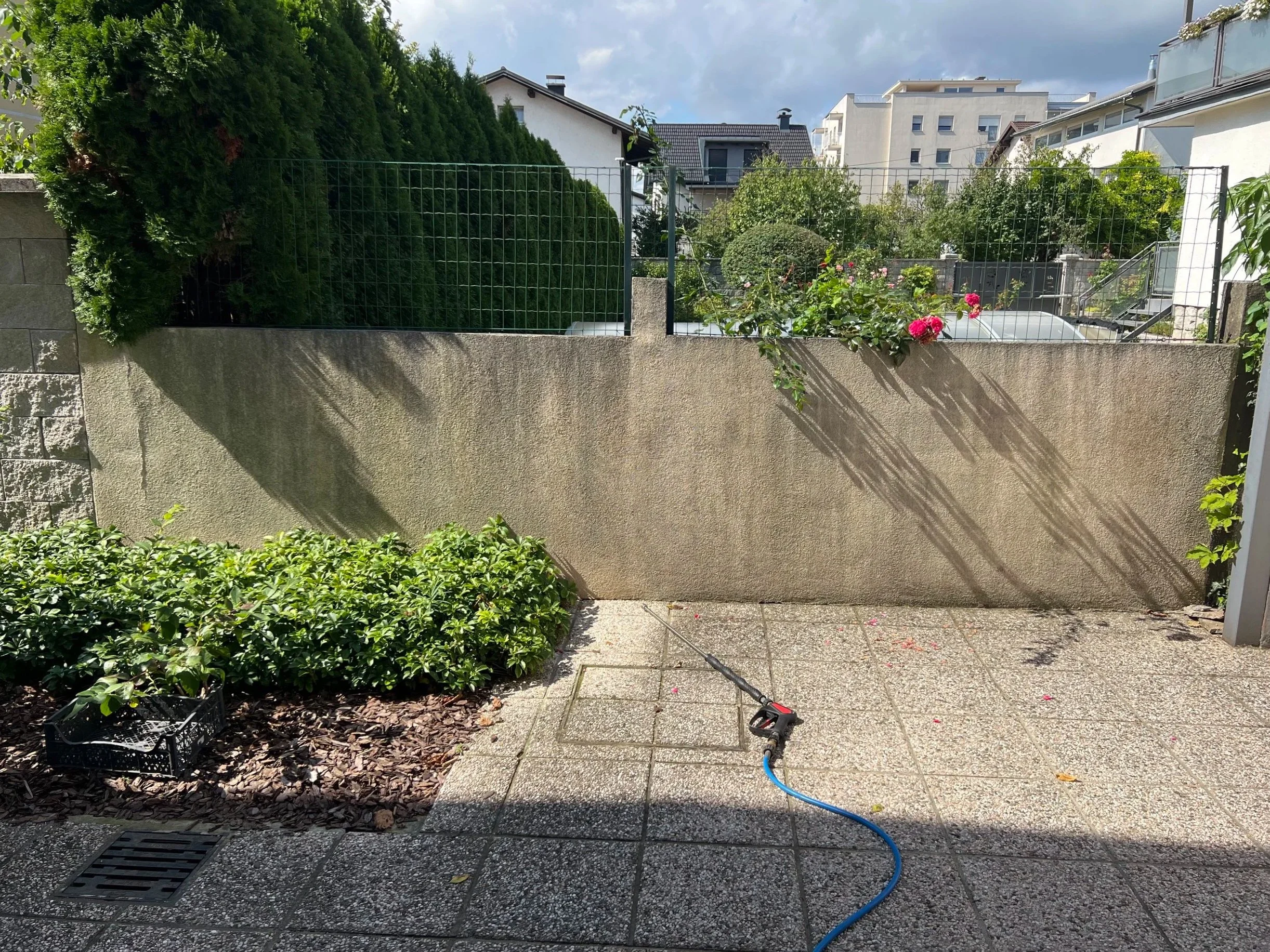 Backyard patio with greenery, pink flowers, and a garden hose on the tiled ground in front of a beige wall, with neighboring houses visible in the background.