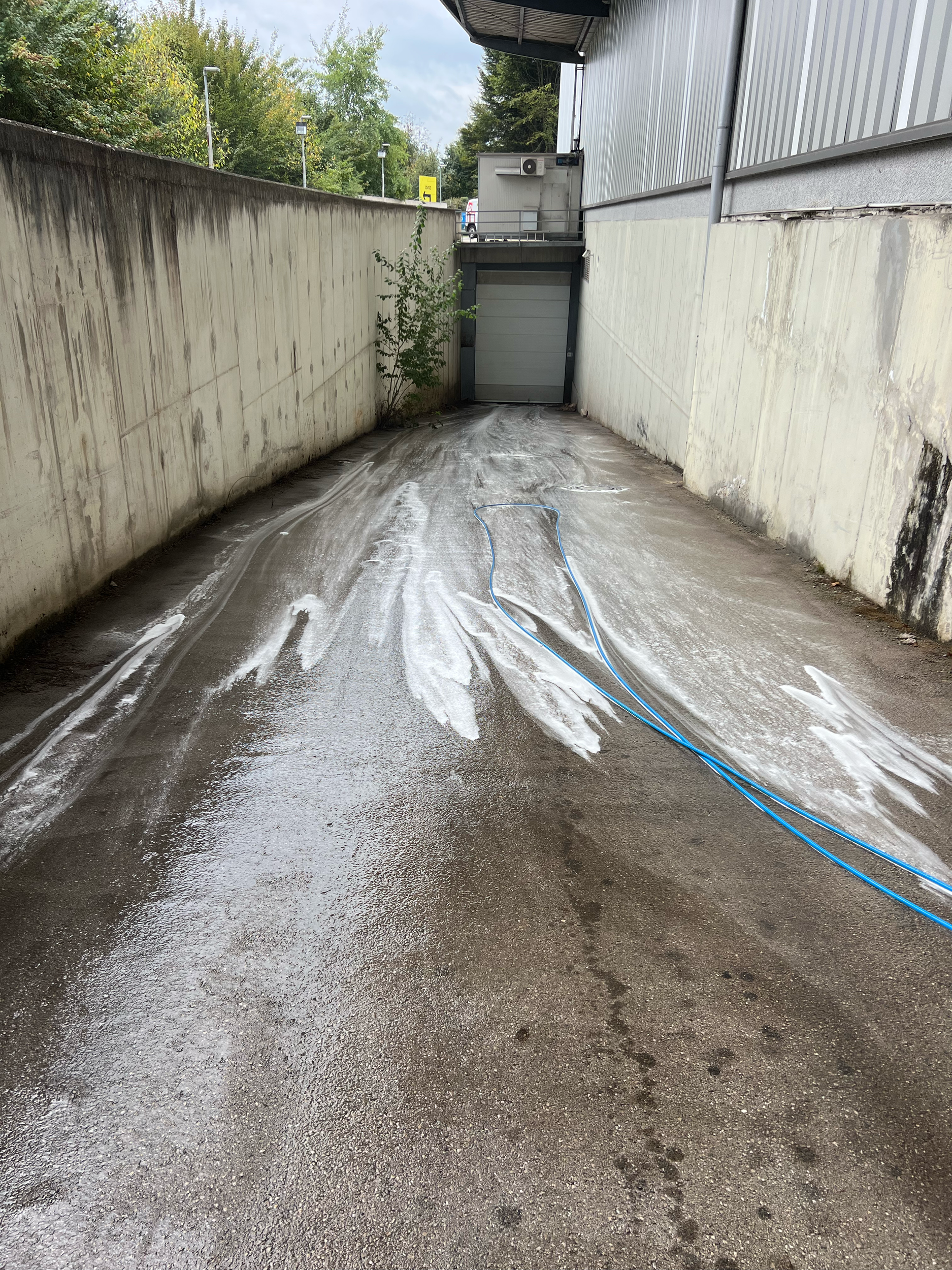 A concrete alleyway with cleaning solution and hoses on the ground, leading to a closed garage door at the end, flanked by high walls, with a partially visible building on the right and trees in the background.