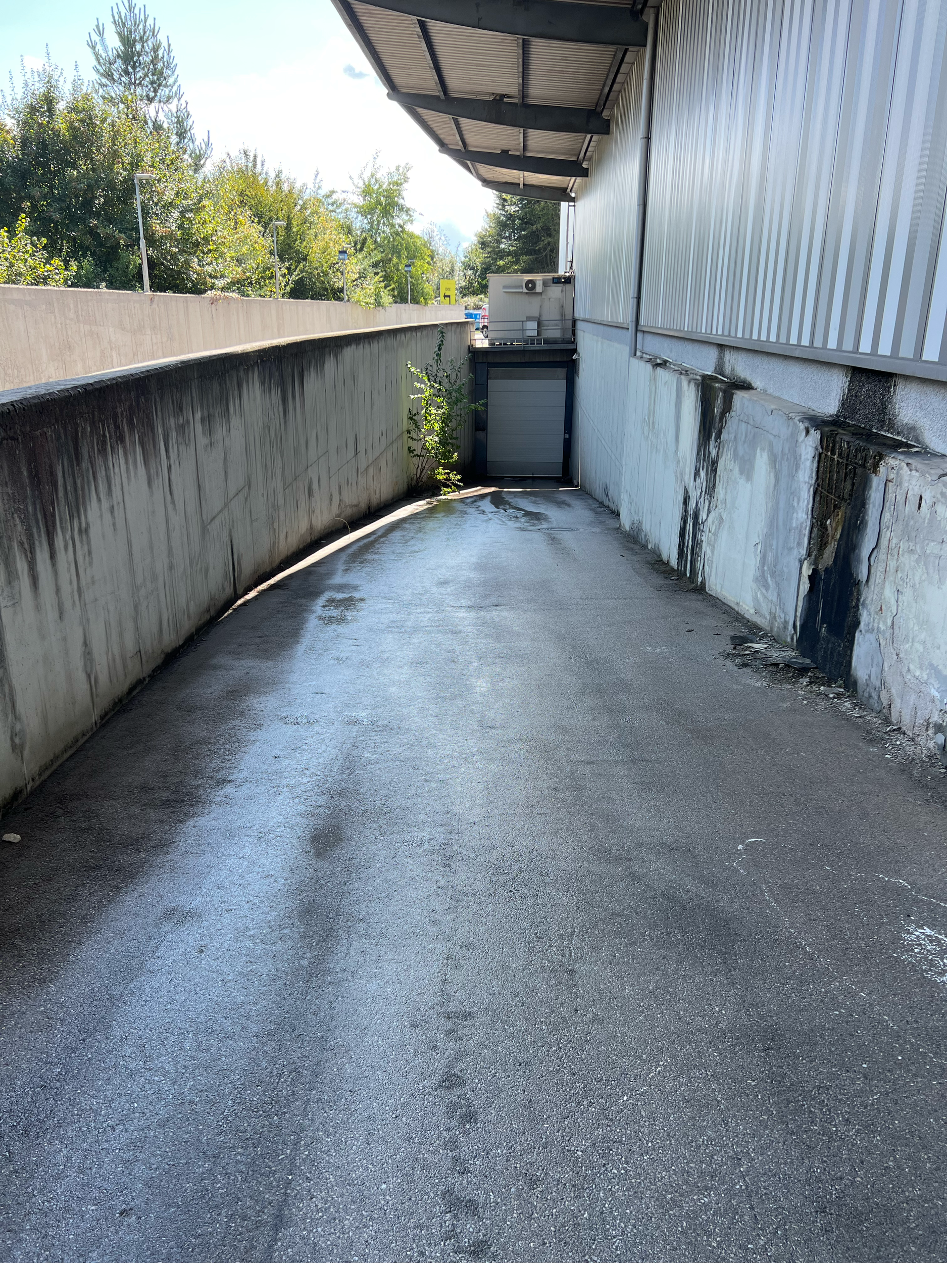 Empty outdoor alleyway with wet asphalt, concrete walls on each side, and a metal overhead roof. There is a small tree growing near a door at the far end, and some greenery and trees are visible beyond the walls.