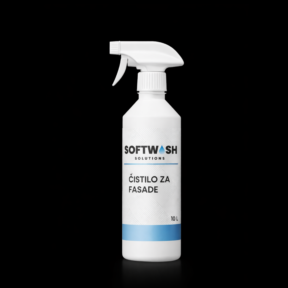 A white spray bottle labeled 'SOFTWASH Solutions' with text in a different language, likely for cleaning facades, against a black background.