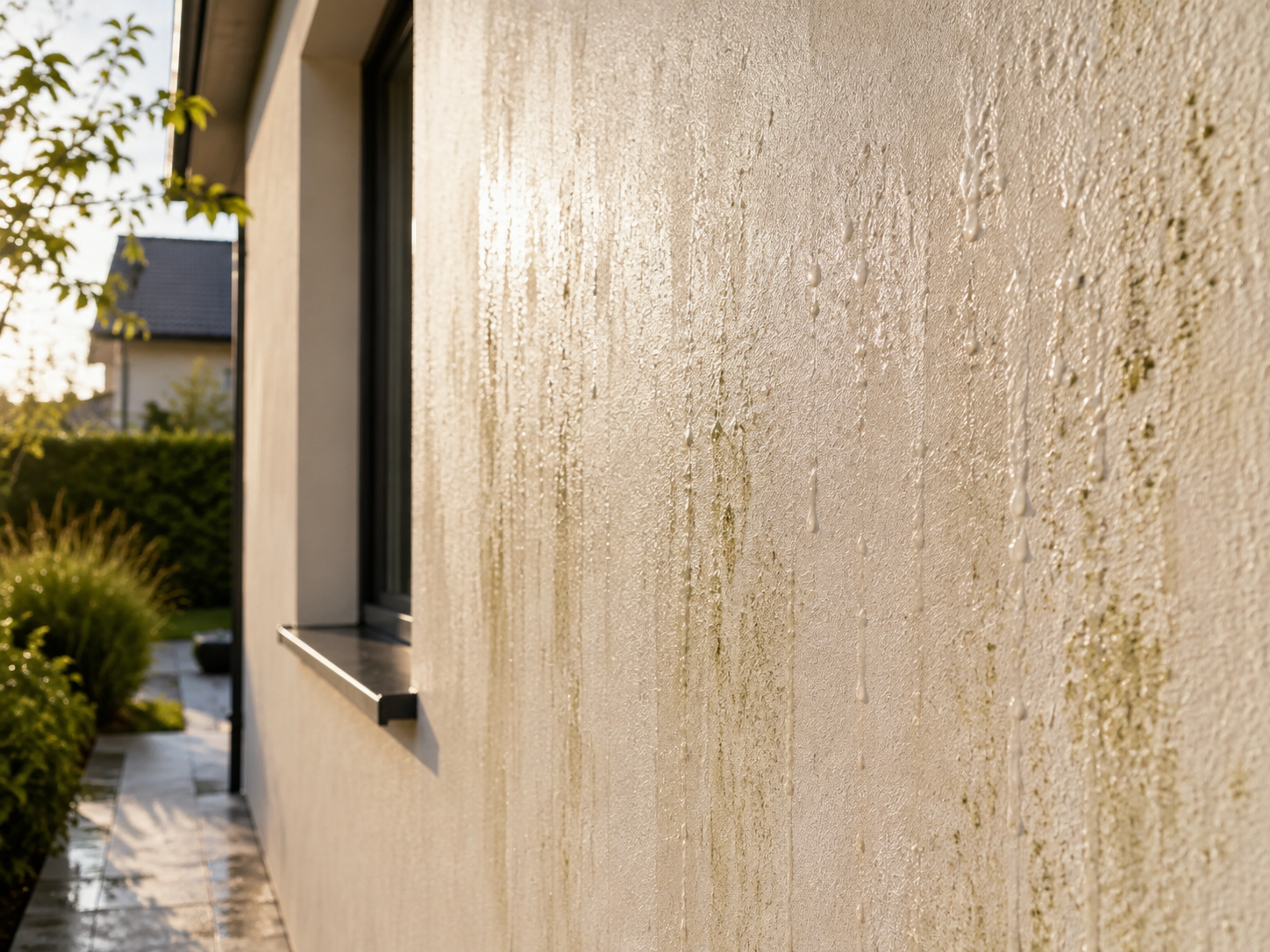 A close-up of a beige house wall with water droplets on its surface, with a window and garden in the background.