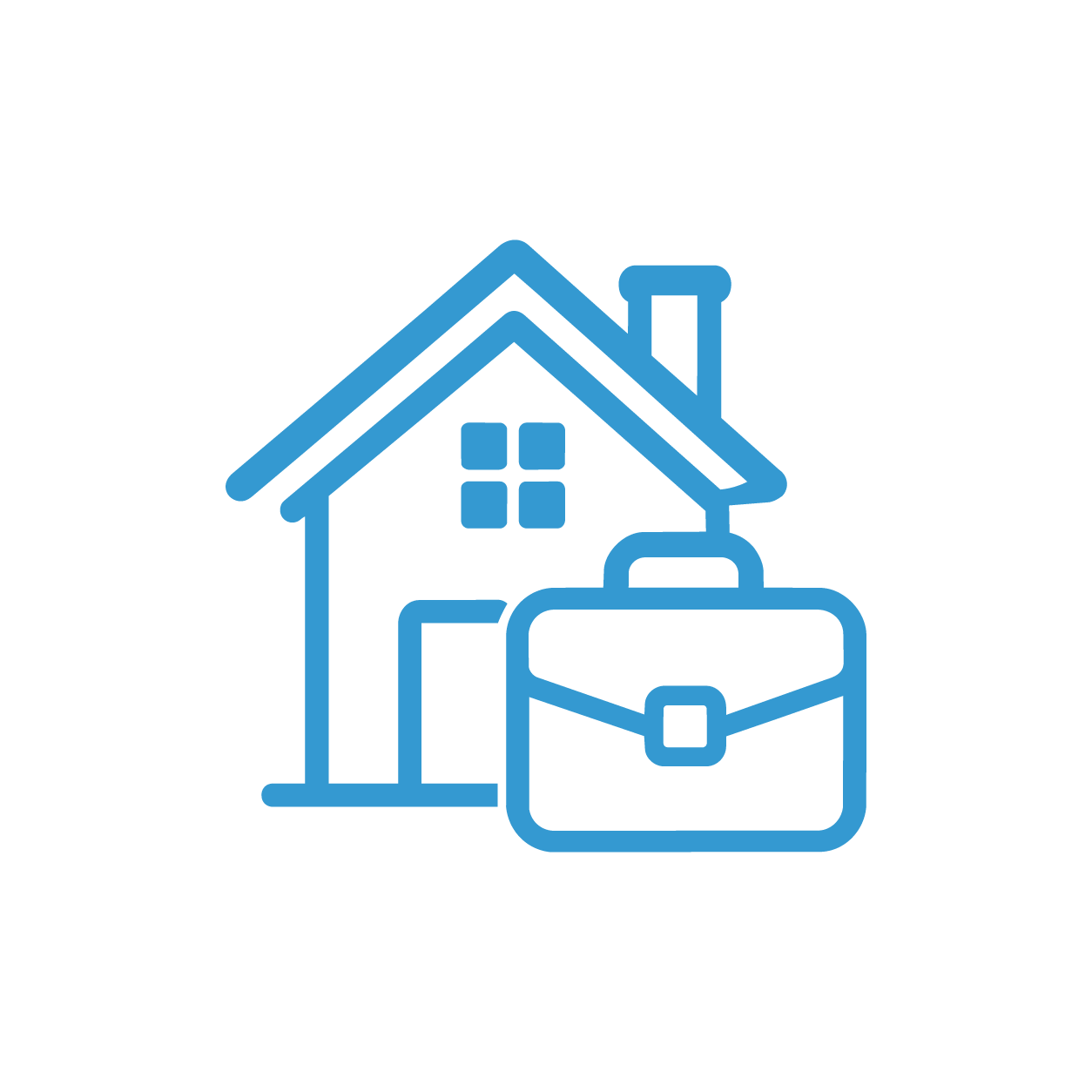 Outline of a house with a briefcase in front, representing real estate or homeownership.
