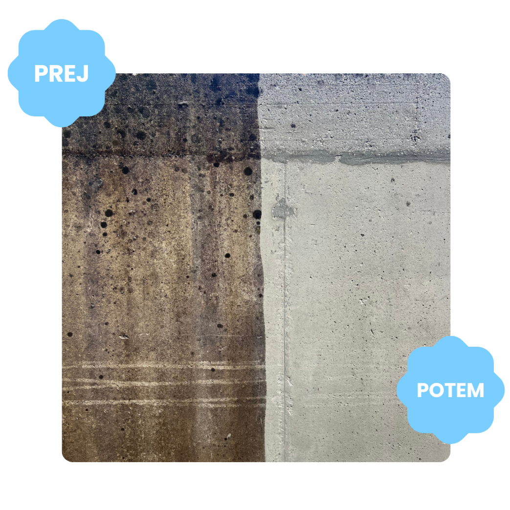 Comparison of concrete surfaces before and after cleaning or treatment, labeled 'PREJ' for the dirty surface and 'POTEM' for the cleaned surface.