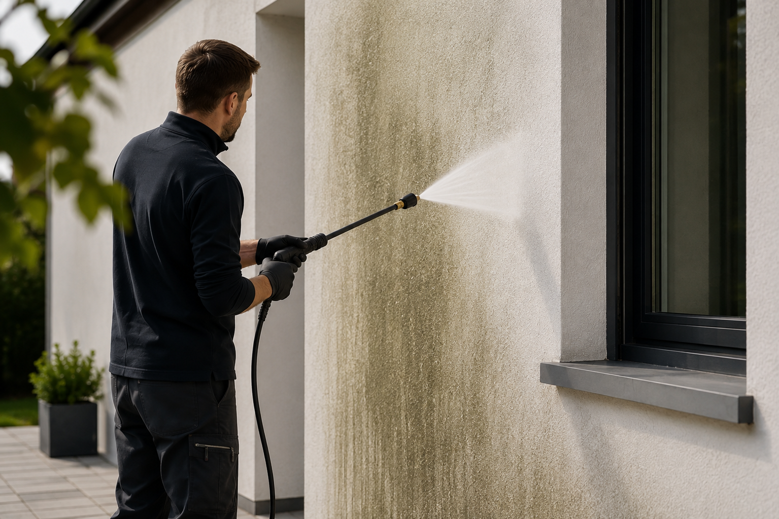 A man wearing black gloves and dark clothing is power washing a beige exterior wall of a building, with a spray of water coming from the wand.