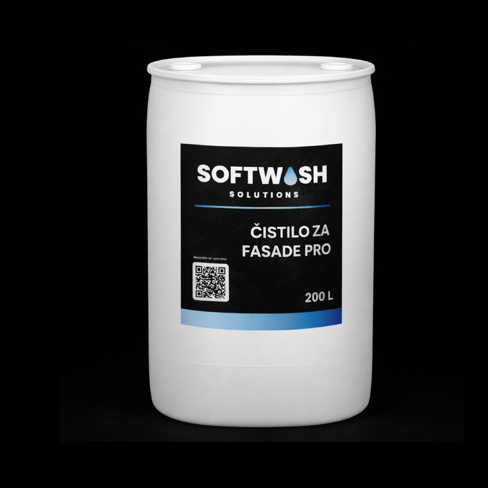 White 200-liter drum labeled 'Softwash Solutions' with text in Croatian, 'Čistilo za fasade Pro,' against a black background.