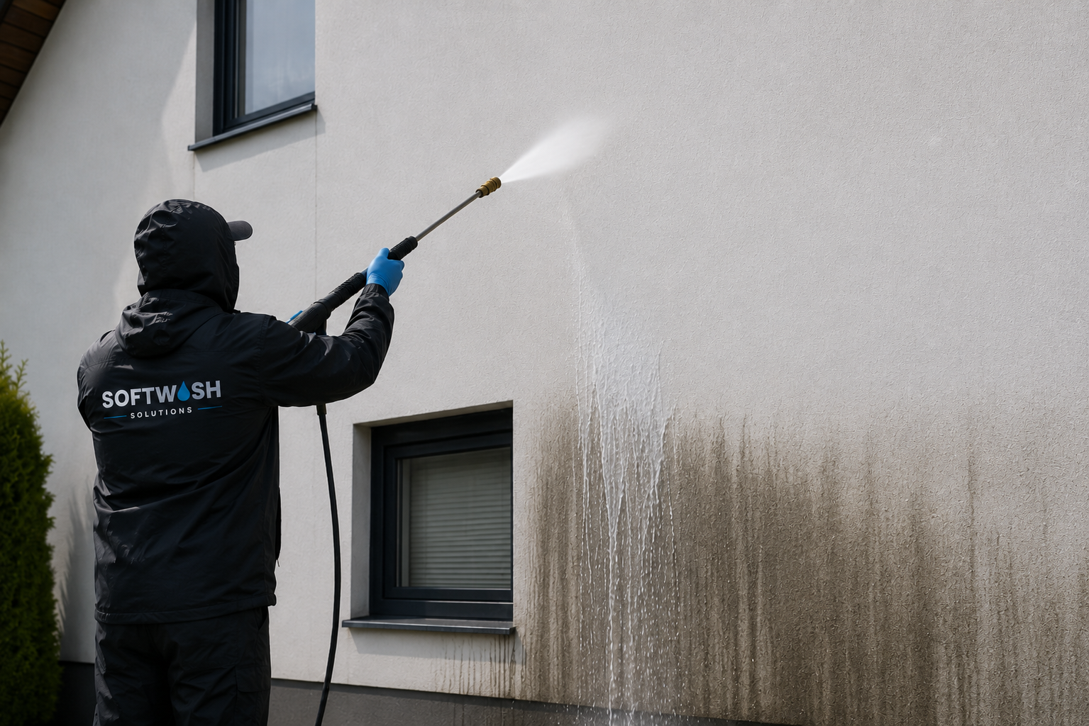 A person wearing a black jacket with 'SOFTWASH SOLUTIONS' on the back, blue gloves, and a hood, is using a pressure washer to clean a beige exterior wall of a building. Water is spraying onto the wall, removing dirt.