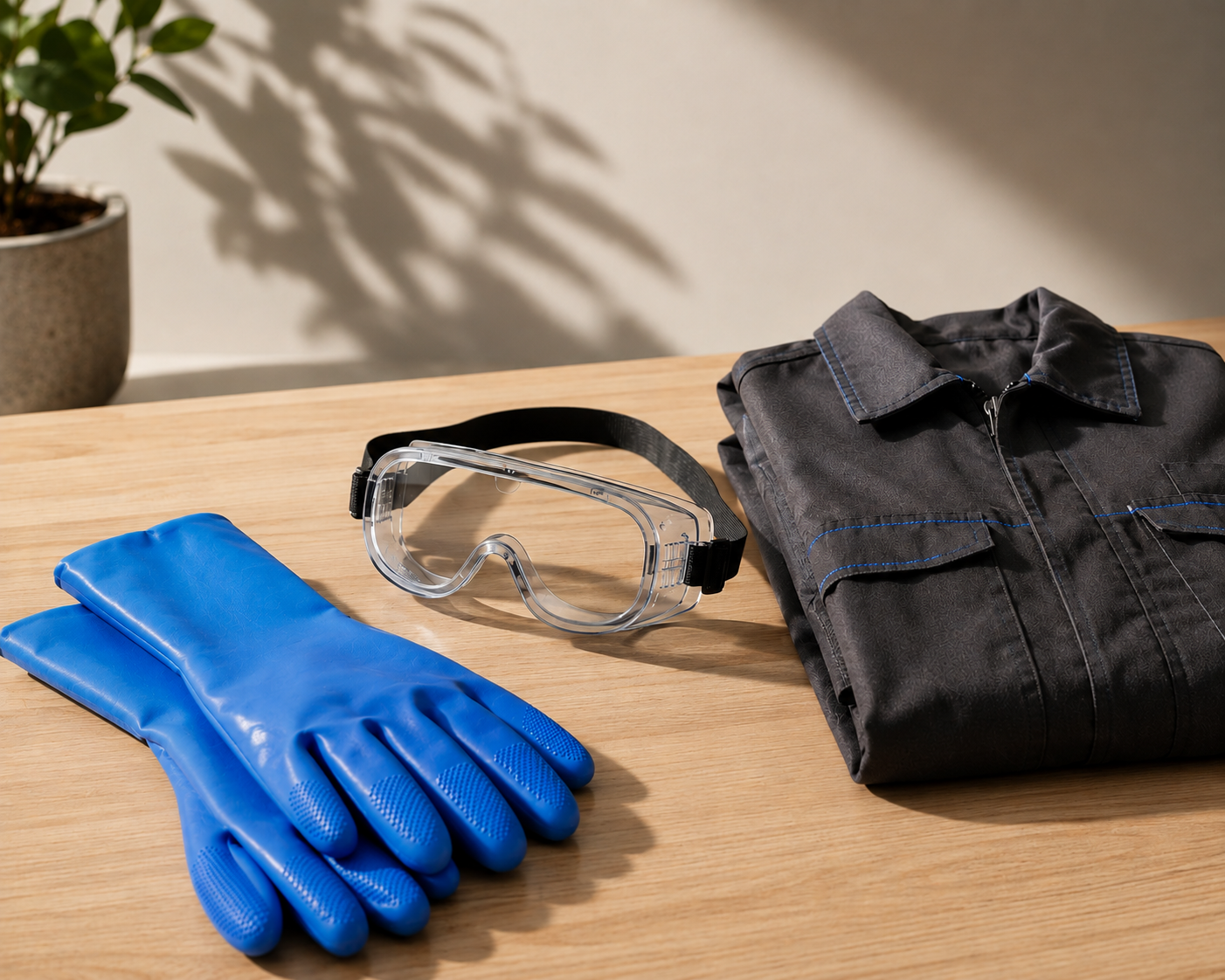 Blue rubber glove, safety goggles, and black shirt laid out on a wooden table
