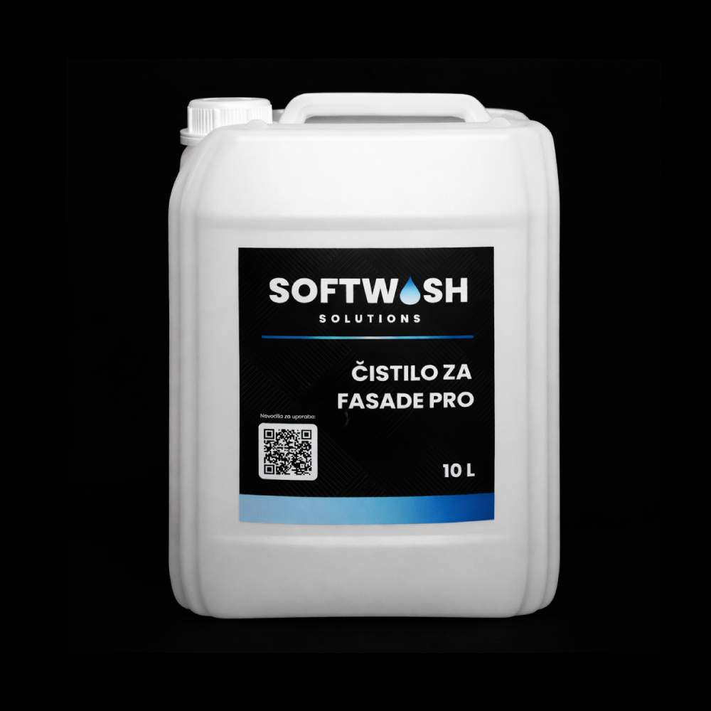 A white plastic container with a black label reading 'SOFTWASH SOLUTIONS,' 'ČISTILO ZA FASADE PRO,' and '10 L,' indicating it is a 10-liter cleaning solution for facades from Softwash Solutions.