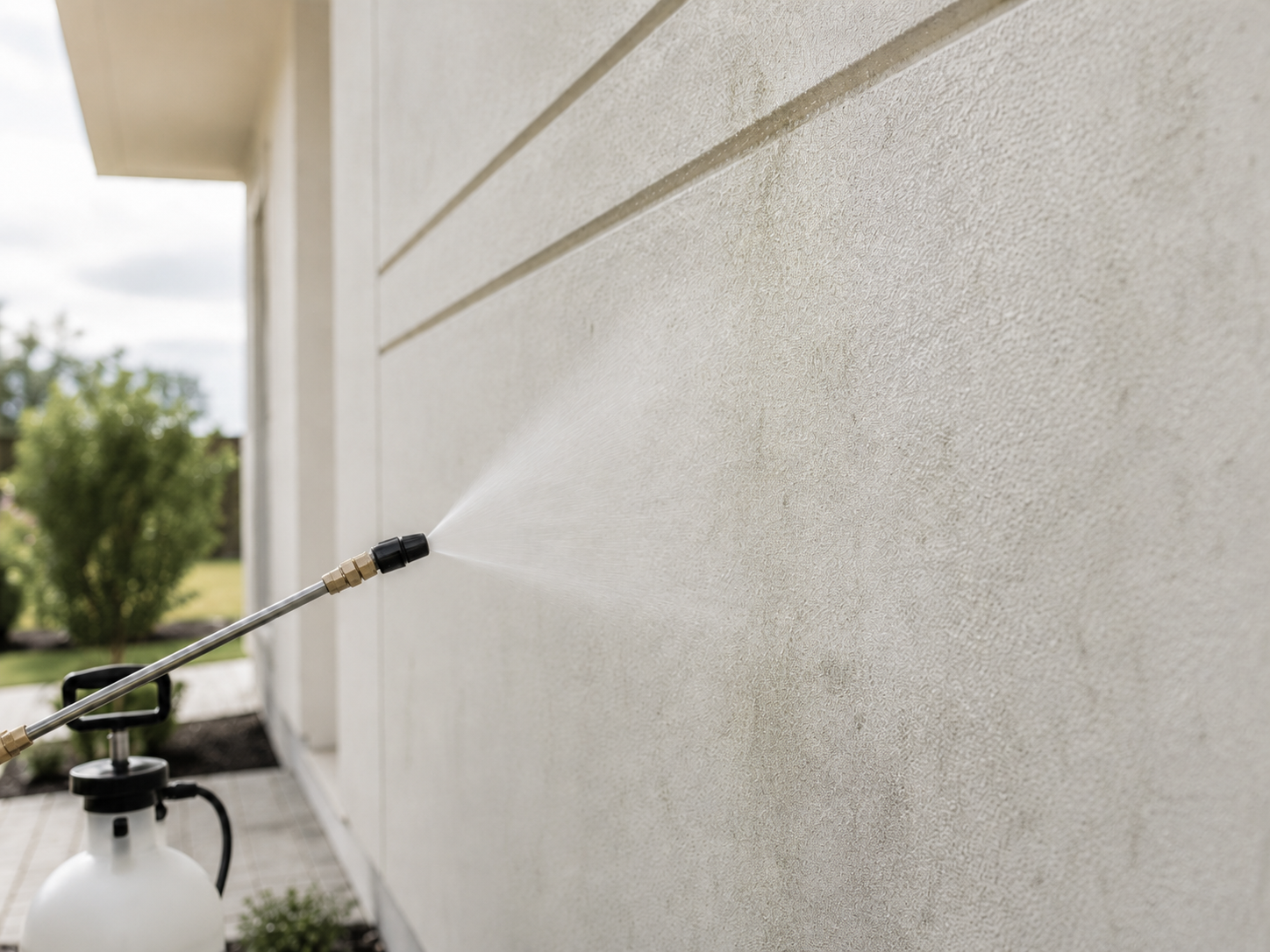 A garden hose spray nozzle attached to a spray wand, spraying water onto the beige exterior wall of a house during daytime.