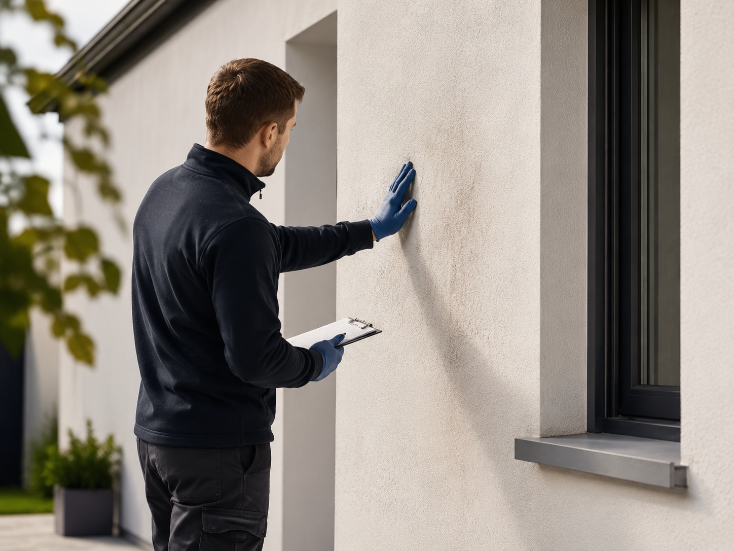 A man in a black jacket and blue gloves examines the exterior of a white building with a clipboard in his hand.