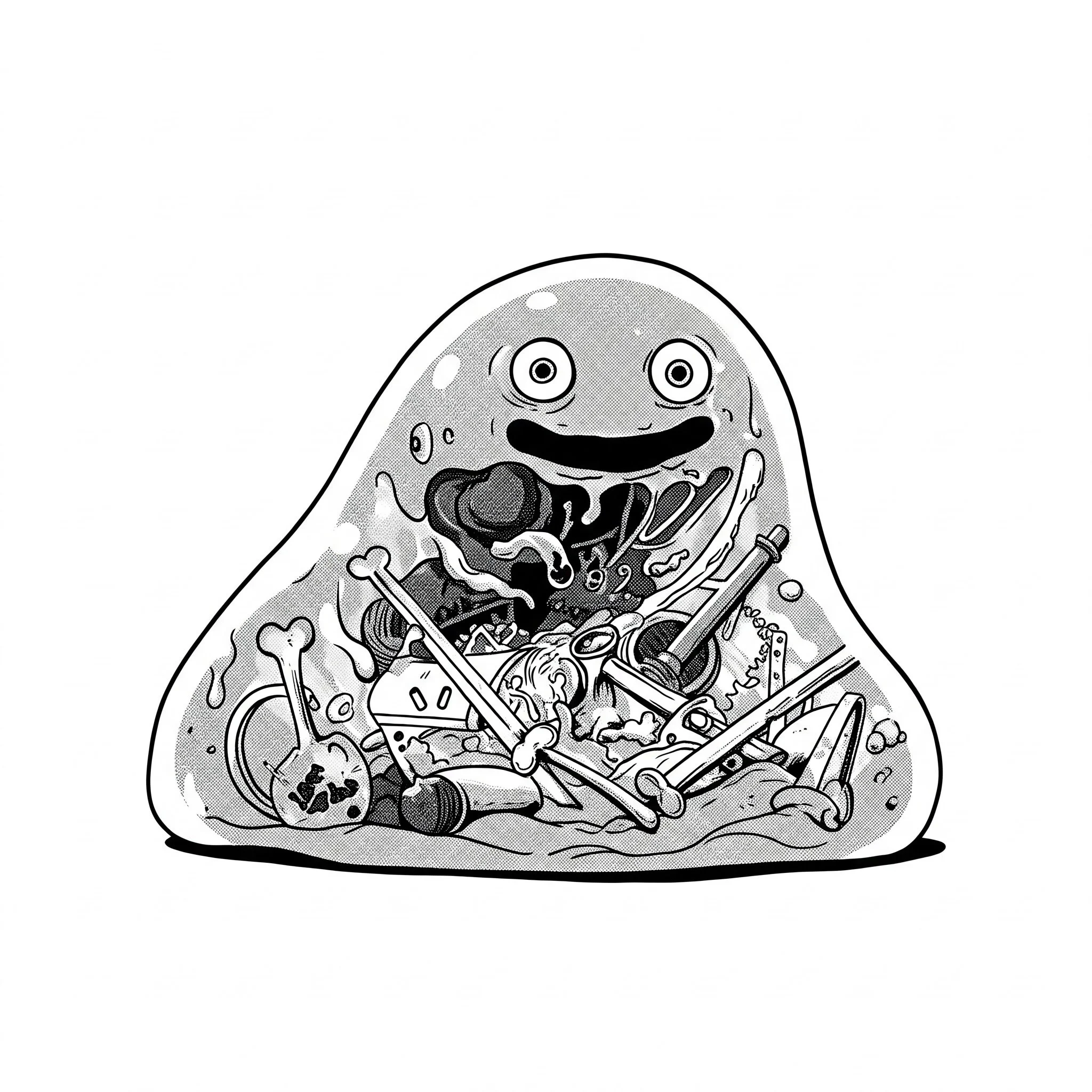 Black and white cartoon drawing of a slice of pizza with a happy face, large eyes, and a wide smile.