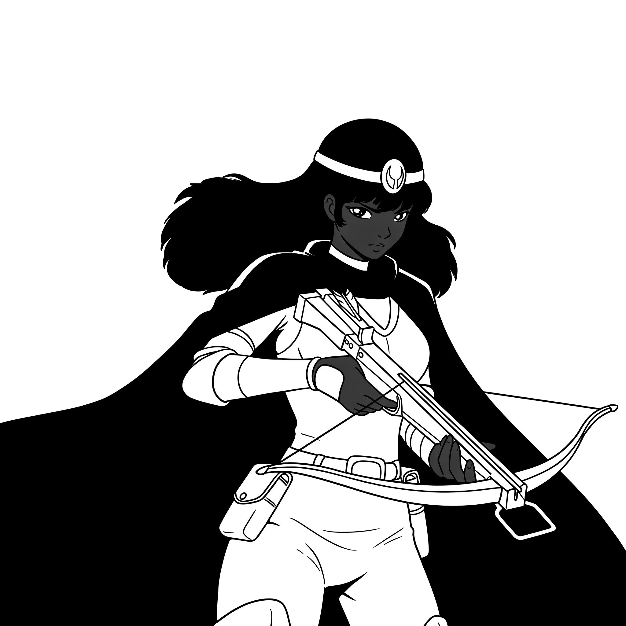 Black and white illustration of a woman with long hair playing a guitar.