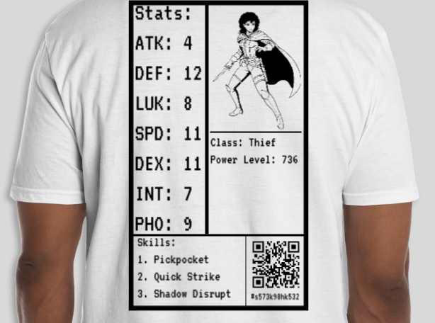 T-shirt featuring a character sheet for a thief class in a game, displaying stats like attack, defense, luck, speed, dexterity, intelligence, and perception, along with skills such as pickpocket, quick strike, and shadow disrupt.