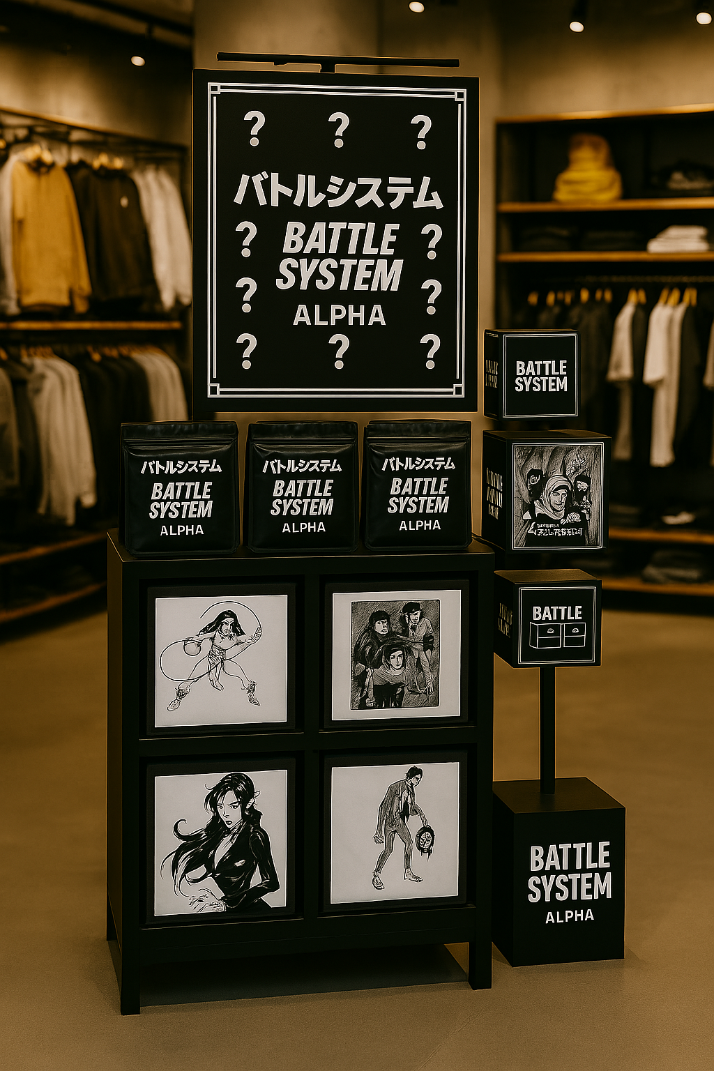 Display in a clothing store featuring a black and white themed promotional setup for 'Battle System Alpha'. It includes boxed items, framed illustrations of people, and a large sign with Japanese characters and question marks.