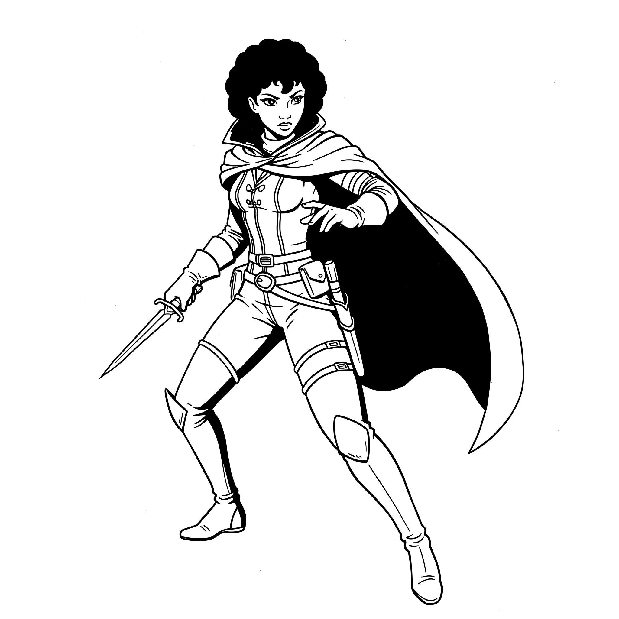 Black and white line drawing of a woman in superhero attire holding a sword, wearing a cape and boots.