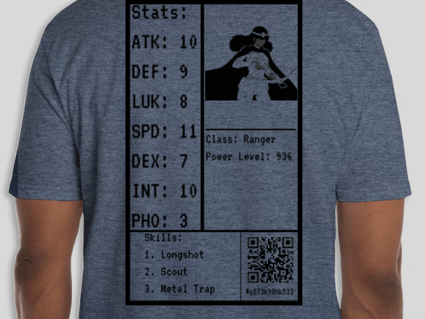 Graphic t-shirt design mimicking a video game character sheet with stats, a silhouette of a female ranger holding a weapon, skills listed, and a QR code.