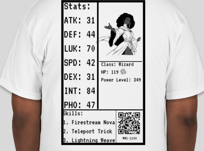 T-shirt with a graphic of a fantasy character and game stats, including a wizard class, and a list of skills.